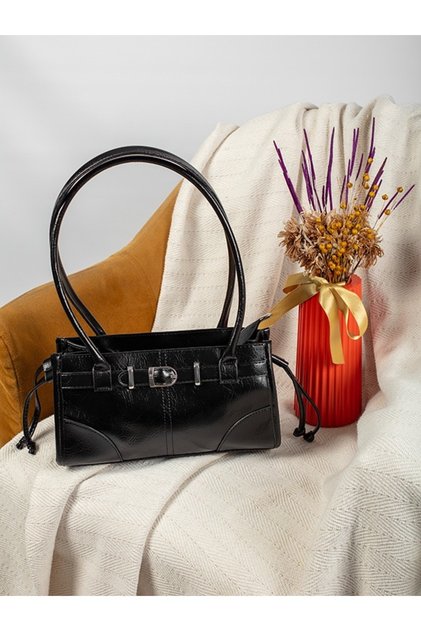 Black Faux Stingray Leather Women's Hand and Shoulder Bag with Front Belt Detail (Marteniçka Bracelet Is a Gift!) !))