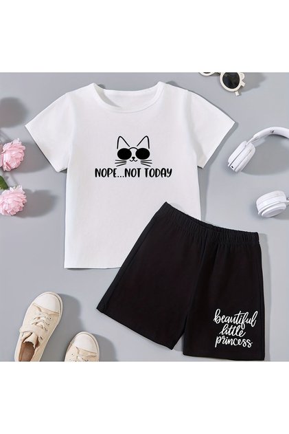 Summer No No Cat with Glasses Printed Boys' Black Shorts and White T-Shirt Set