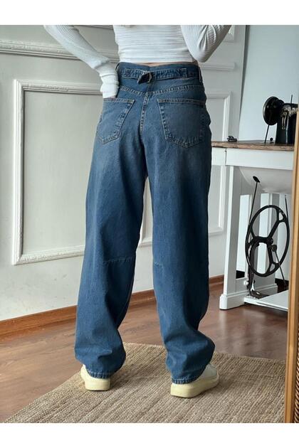 New Season High Waist Baggy Style Loose Women's Denim Pants with Back Buckle Detail