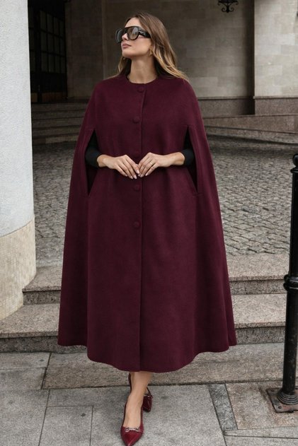 Women's Sleeveless Relax Fit Burgundy Cashmere Poncho