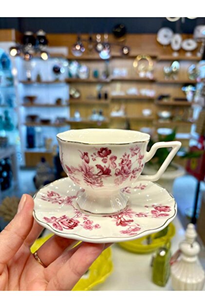 2-Person Turkish Coffee Cup with Pink Flowers and Stand