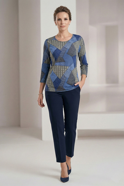 Women's Plus Size Stretch Fabric Crew Neck Geometric Patterned Three Quarter Sleeve Mom T-Shirt Combed Cotton Blouse