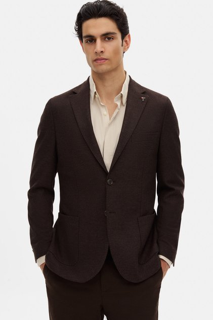 Slim Fit Kahverengi Diyogonal Kumaş Ceket