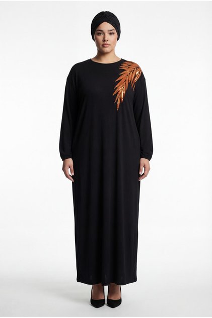 Women's Plus Size Sequin Detailed Long Sleeve Black-Yellow Dress