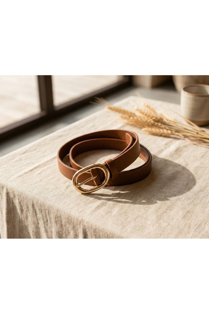 Women's Light Brown Faux Leather Gold Oval Buckled Belt