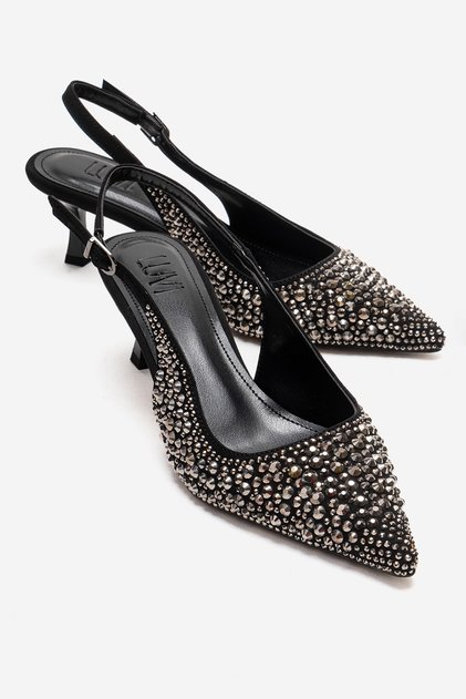 Thea Black Platinum Stone Women's Heeled Shoes