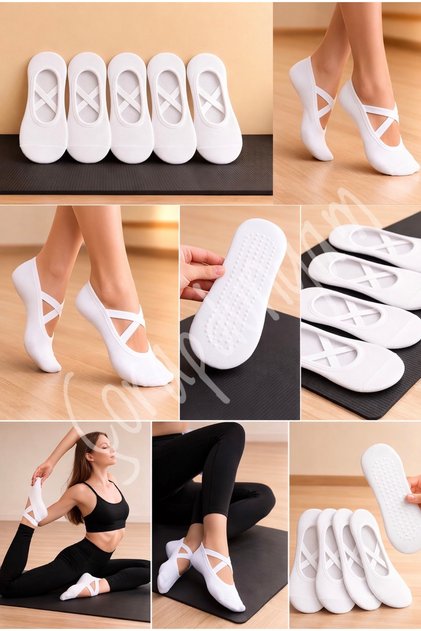 6' Pair of White Cotton Pilates&Yoga Reformer Non-Slip Stitch-Free (Toe) Ballet Flats Socks