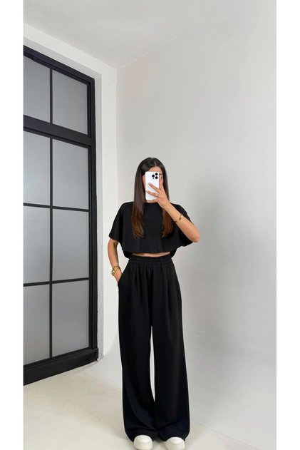 Black Cropped Elastic Waist Palazzo Tracksuit Double m Modal Fabric Set Gaus-01219