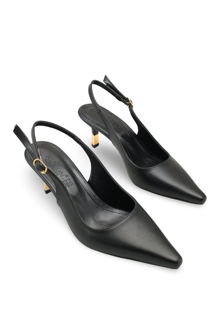 Lyra Cara Women's Pointed Toe Open Back Thin Heeled Shoes 00123510 Black Skin