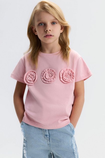 Girl's 4-8 Years Old Three-Dimensional Rose Detailed T-Shirt Pink