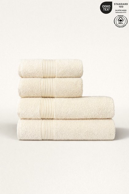 4-Piece Bath Towel Set 100% Cotton Certified Striped Border Towel Set 50X90Cm - 70X140Cm Cream