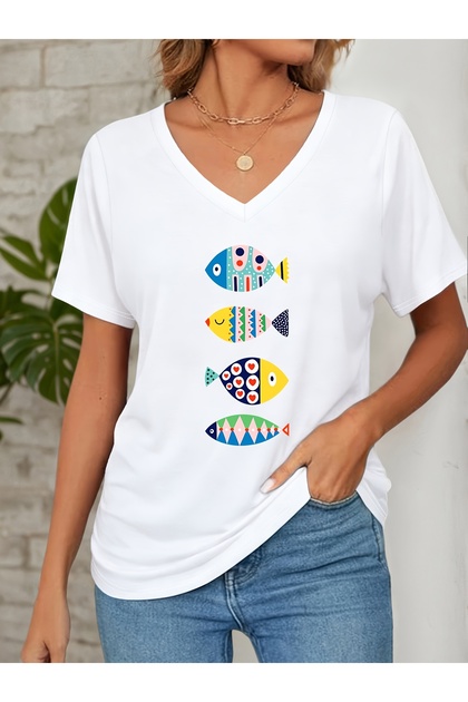 Women's Balık Printed V-Neck Sleeved Regular Fit T-Shirt