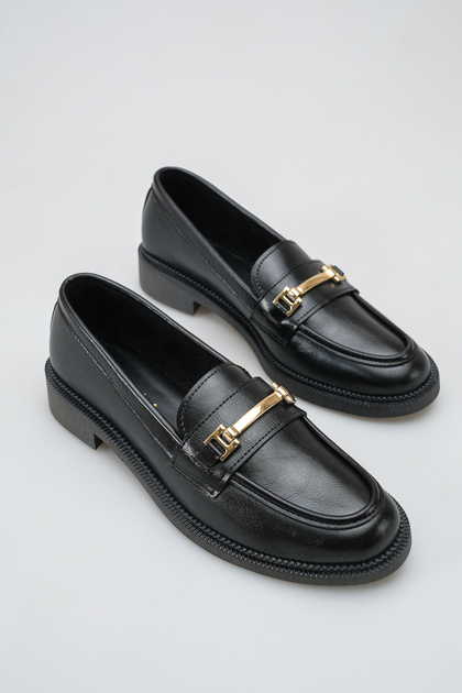 Black Gold Buckled Thick Sole 3 cm Heeled Loafers Comfortable Daily Stylish Women's Shoes