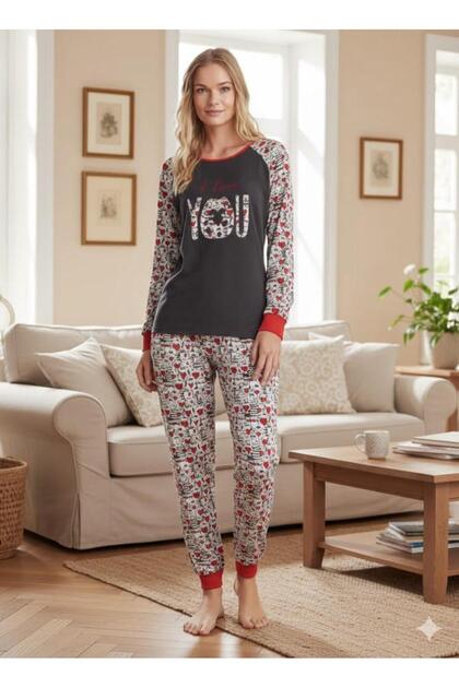 Women's Long Sleeve Cuff Detailed Cat Pattern Thermal Pajama Set