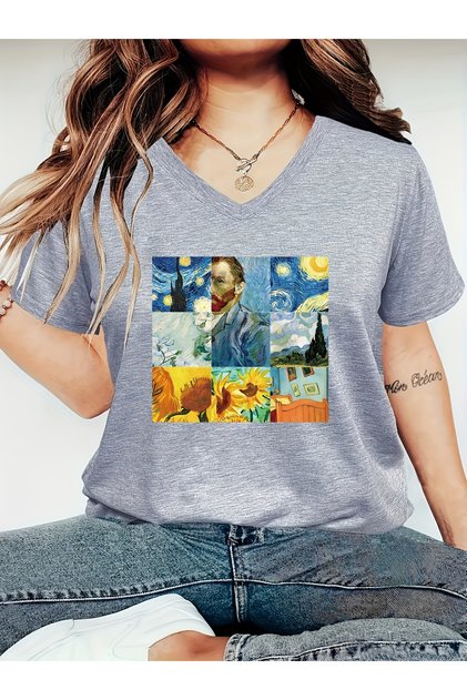 Women's Starry Night Printed V-Neck Sleeved Regular Fit T-Shirt