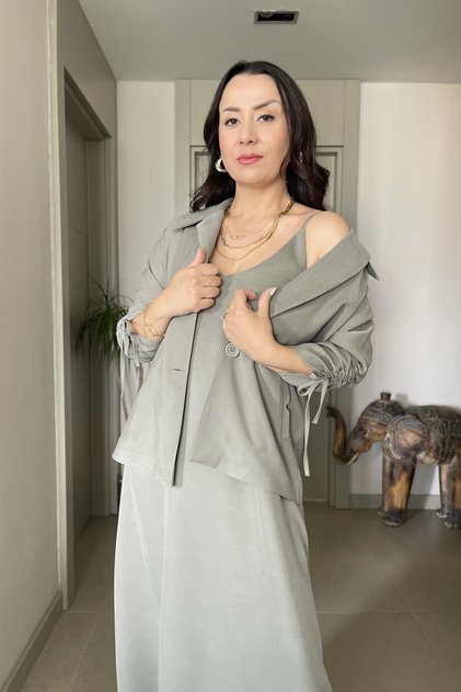 Soft-Textured Strappy Dress Drawstring Sleeve Detail Jacket Set