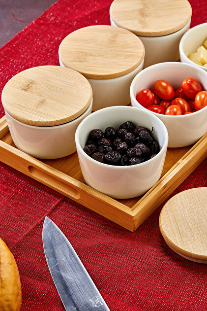 Cooker Leo 6'lı 10 cm Porselen Bambu Kapaklı Tepsili Kahvaltılık