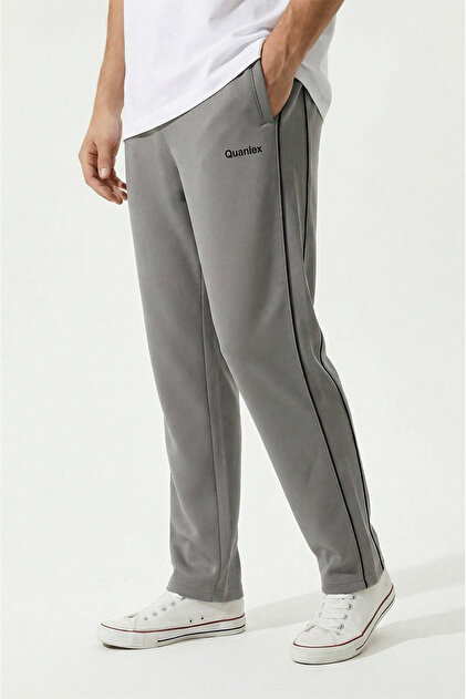 Gray Comfortable Fit Side Double Piped Combed Cotton Sweatpants with Zipper Pocket and Straight Leg
