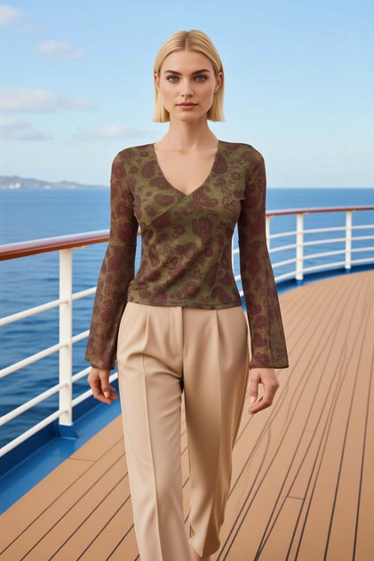 Women's Blouse V-Neck Spanish Sleeve Long Fitted Mold Knitted t Tulle Fabric B Printed D Patterned Functional