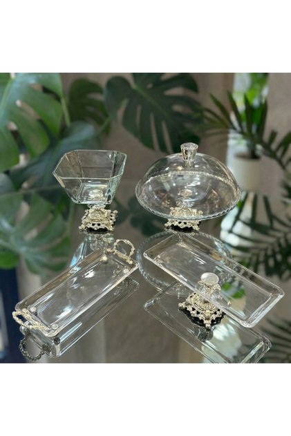 4 Piece Gold - Silver Crystal Presentation and Serving Set with Bell Jar