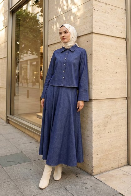 Shirt Collar Blouse and Skirt Set - Navy Blue - Navy Blue
