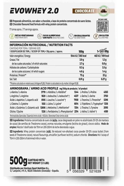 Evowhey Protein Chocolate | Without Sweeteners From Grass Fed Cows | 100% Whey Protein 500g