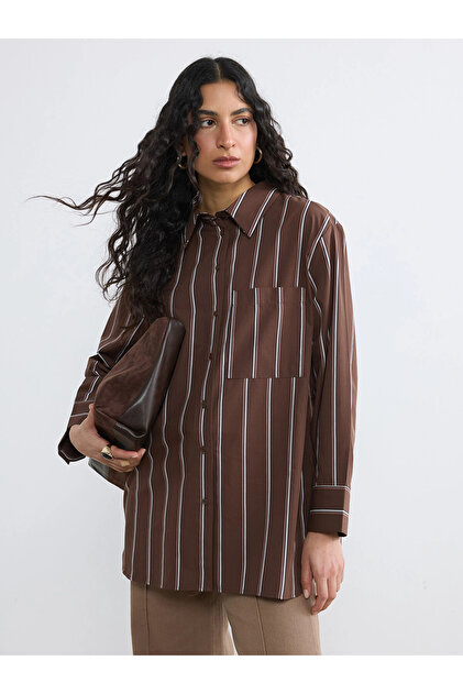 LCW Modest Kahverengi Çizgili Poplin Kadın Gömlek Tunik