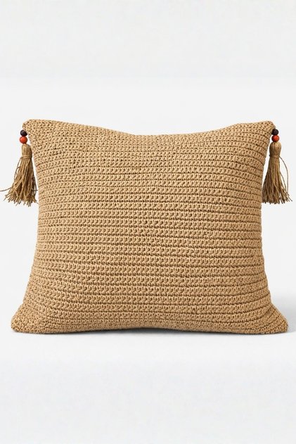 Beige Bohemian Knitwear Cushion – Tasseled , Zippered Natural Decorative Cushion