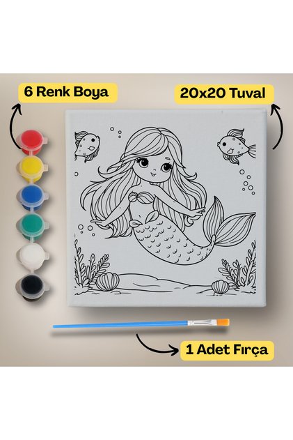 20x20 Çocuklar İçin Boyama Tuvali Seti – 6 Renk Boya + Fırça Dahil | Eğitici Hobi Boyama Seti