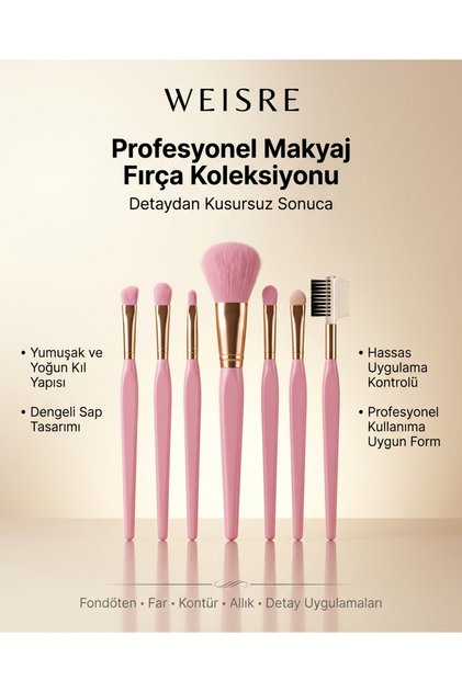 Profesyonel Makyaj Fırça Seti 7’li Pembe Ten Far Kontür Kaş Fırçası