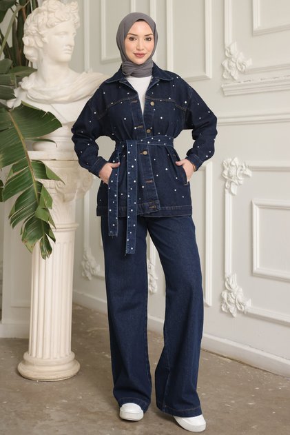 Navy Blue Stoned Denim Jacket and Trousers Set