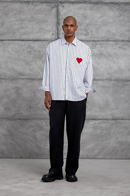 Men's Shirt Striped Heart Embroidered Oversize Black Oversize Polyester