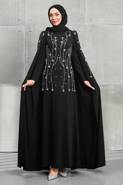 Black Evening Dress with Cape Sleeves and Stones
