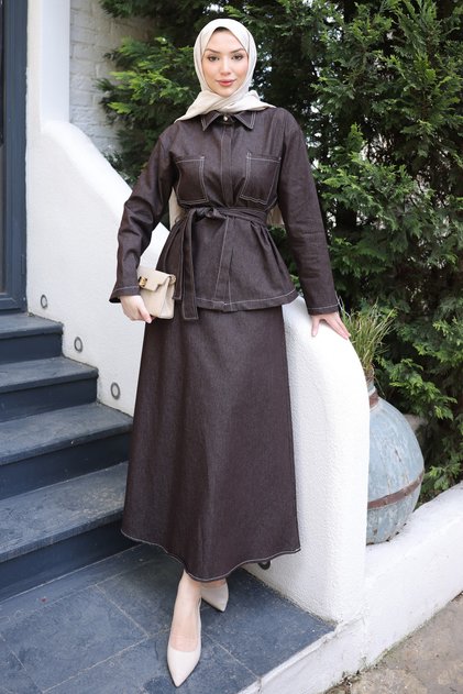 Brown Waist Belted Double Pocketed Jacket Skirt Set