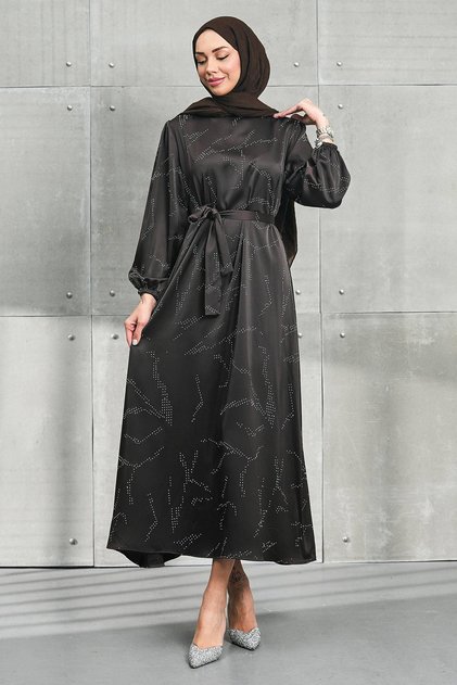 Brown Stone Belted Satin Evening Dress