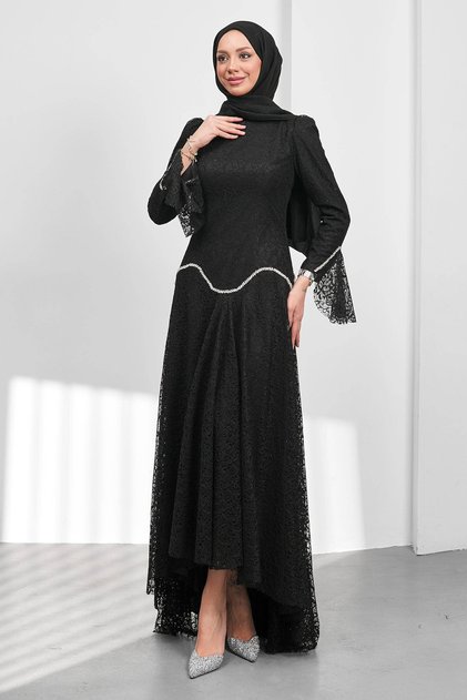 Black Guipure Lace Lined Stone Evening Dress