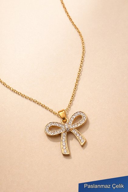 Steel Necklace with Zircon Stone and Bow Figure – Gold Color Women's Necklace