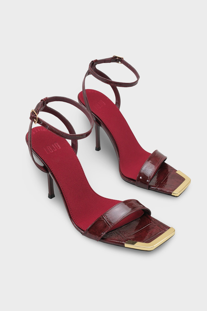 Women's Blunt Toe Thin Strap Gold t Buckled Open Back Daily t Heeled Shoes Lesano Claret Red Crocodile