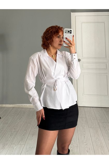 Premium Padded Shoulders Belt Detail Poplin Shirt