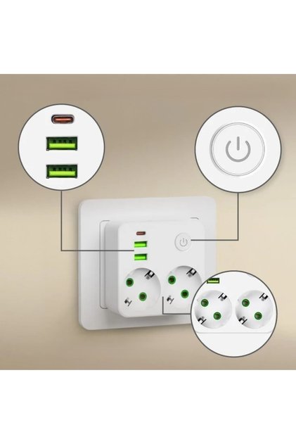 Προσαρμογέας priza 5 σε 1, 2500W, 16A, 2 θύρες EU, 2 USB, 1 USB-C, 9.5x9.5x4.5 cm, λευκό
