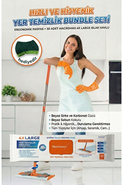 MACROMAX Famous Pratik Mop Yer Temizlik Seti + 4X Large Islak