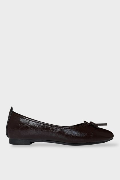 Bow Detail Wrinkled Leather Women's Ballet Flats Brown