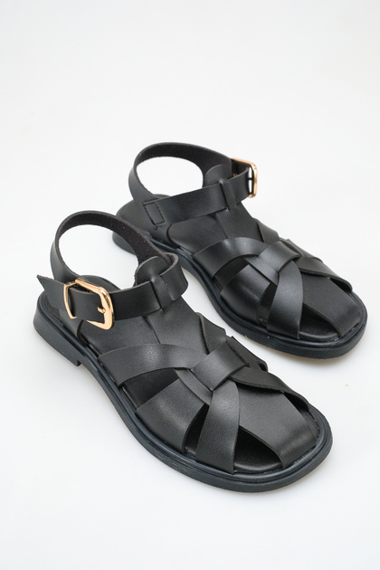 Women's Black Skin Buckle Detail Flat Sole Sandals