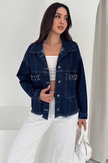 Stone Detailed Denim Jacket – Blue Glam