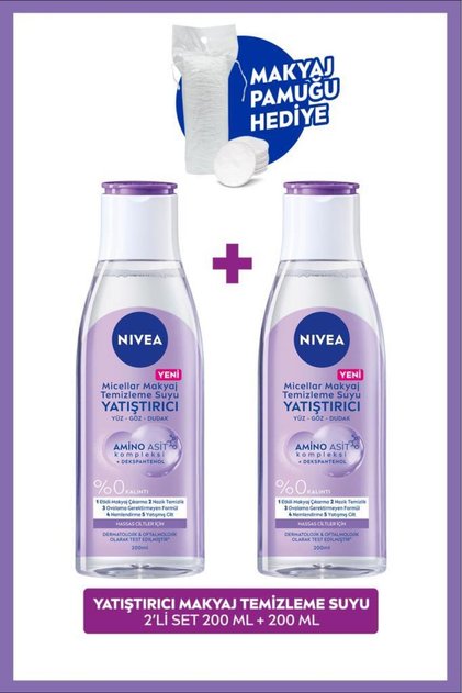 Yatıştırıcı Micellar Makyaj Temizleme Suyu 200ml, Yüz Göz Dudak, Hassas Cilt, Pamuk Hediye, X2Adet