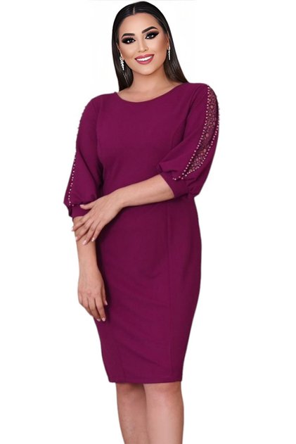 Rochie eleganta de ocazie, decorata cu pietricele si dantela la maneci, culoare violet