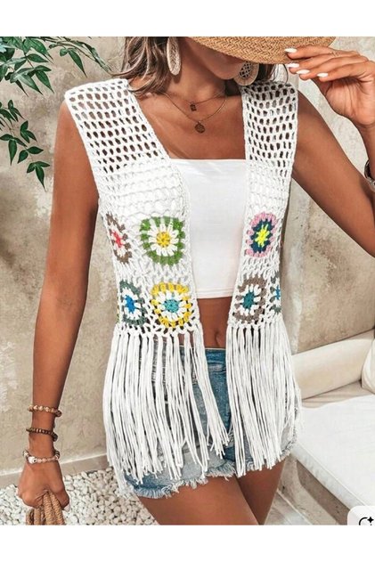 Megahan Bohemian Summer Floral Motif Loose-Fitting Hand-Knitted Granny Square Women's Tasseled Fiyle Vest