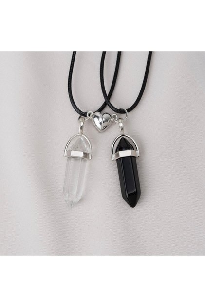 2-piece transparent, black natural stone heart detail magnetic cord necklace, friendship necklace, best friends