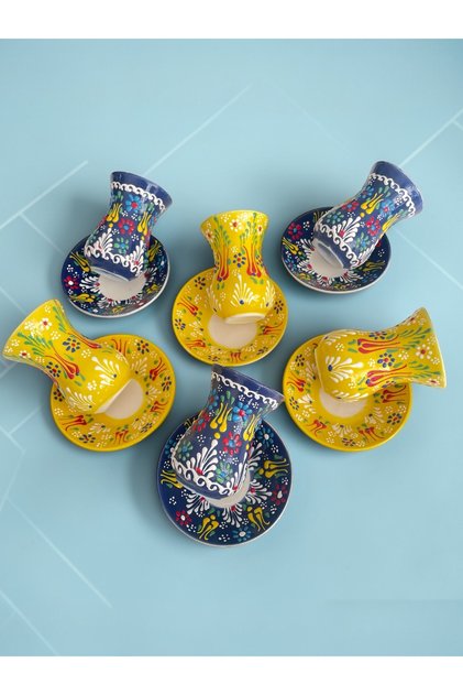 Decorative 6-Person Fully Handmade Tea Cup Set with Stylish Tulip Tile Design
