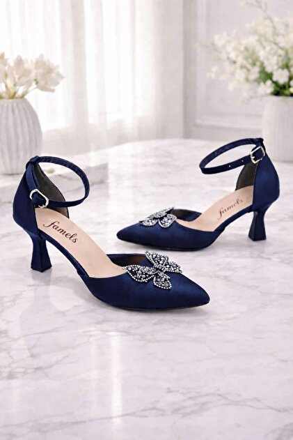 Famels Short Heeled Shoes Butterfly Stone Bow Navy Blue, Evening Dress Shoes  and Evening Dress Bag Set- Trendyol